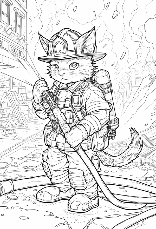 Firefighter cat, cartoon style — free printable occupation coloring book page