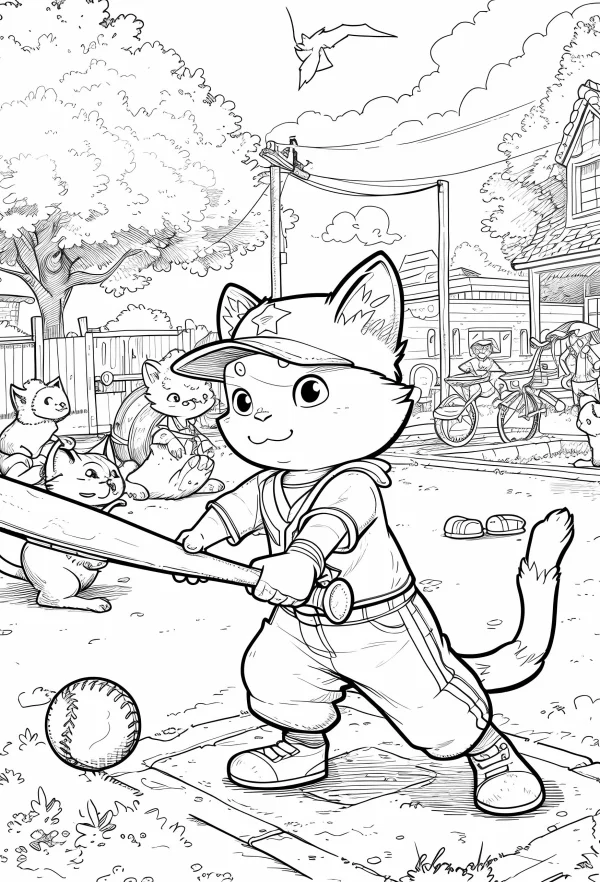 Anthropomorphic cat playing baseball, cartoon style — free printable daily life coloring book page
