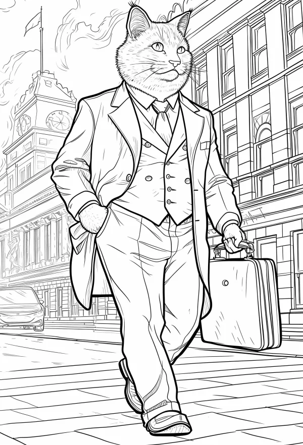 Anthropomorphic cat wearing business suit and holding briefcase, cartoon realistic style — free printable work coloring book page