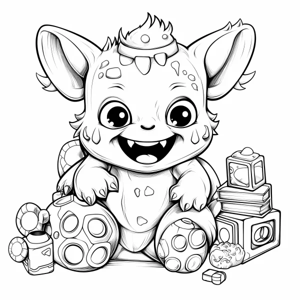 Cute cartoon fantasy monster with big ears, small fangs and horns — free printable toys coloring book page