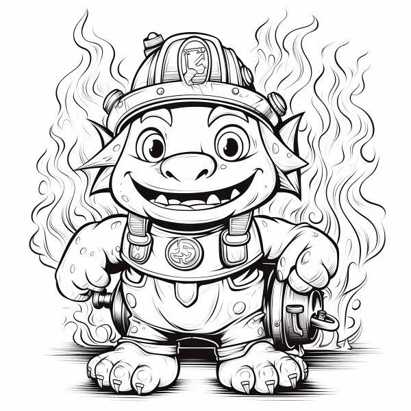 Cartoon dragon dressed as firefighter, wearing fire helmet and overalls — free printable career theme coloring book page