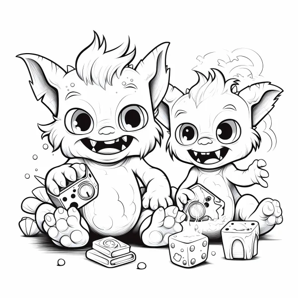 Two cute fantasy monsters playing with game controllers, cartoon style — free printable games coloring book page