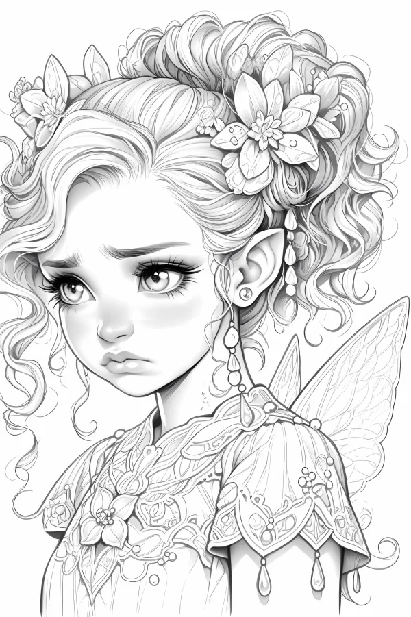 Sad curly-haired fairy with flower hair accessories and pointed ears, fairy wings — free printable fairy coloring book page