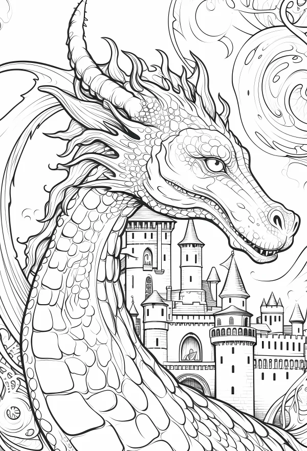 Giant dragon beside medieval castle, fantasy style — free printable castle coloring book page