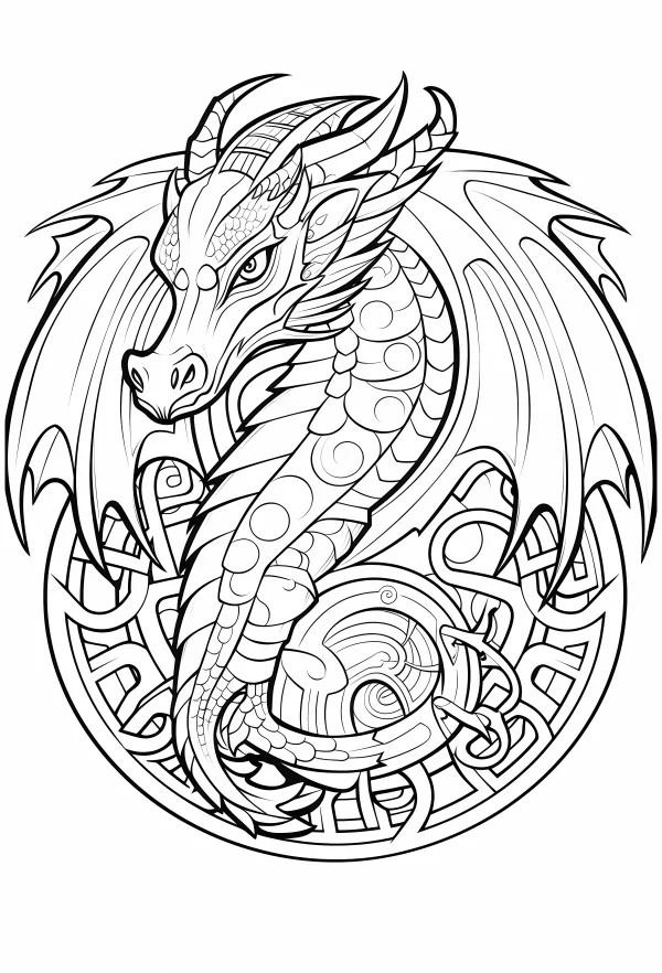 Celtic-style dragon with wings, coiled in circular celtic knot frame — free printable celtic coloring book page