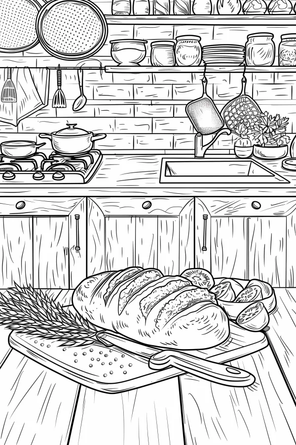 Kitchen scene with bread and wheat ears on wooden table, realistic line art style — free printable cooking coloring book page