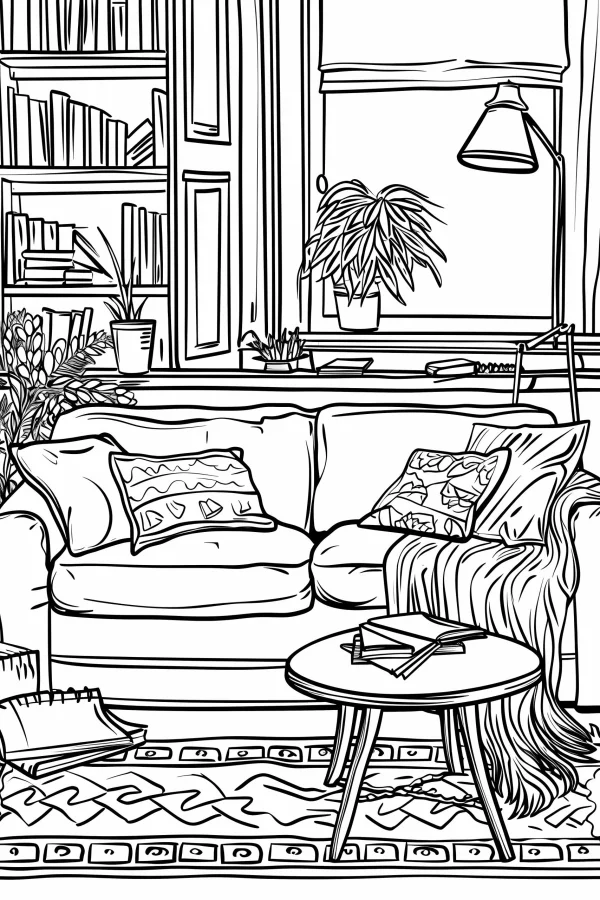 Cozy living room scene, realistic sketch line art — free printable home living coloring book page