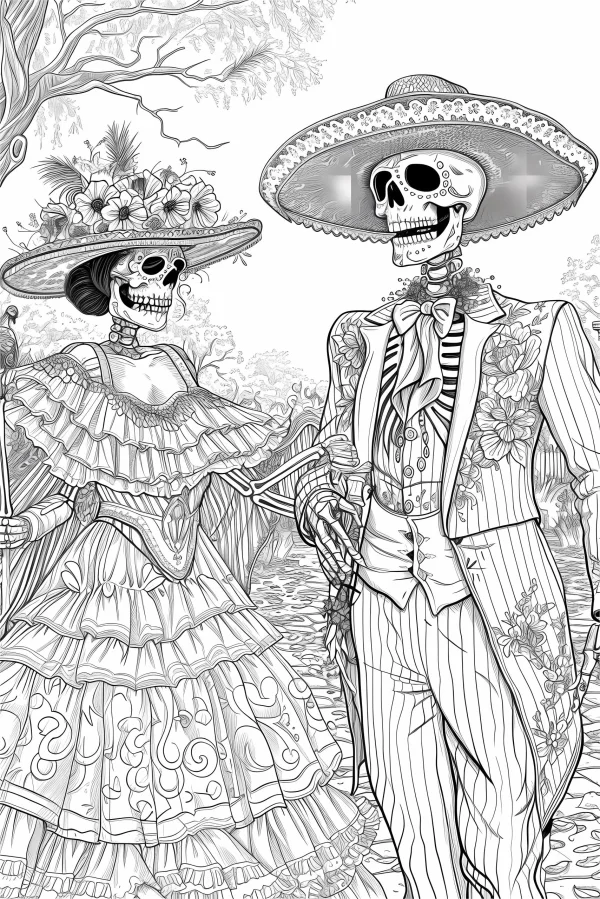 Day of the dead skeleton couple in traditional latin american attire, female in ruffled dress with flower-adorned sombrero holding a cane — free printable latin american culture coloring book page