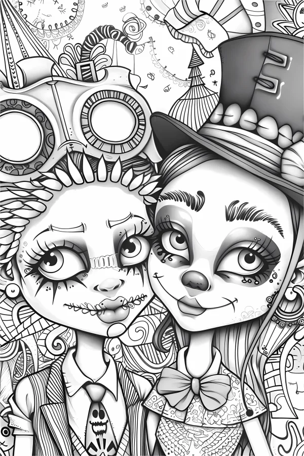 Gothic steampunk weird cartoon duo, cartoon gothic steampunk style — free printable steampunk coloring book page