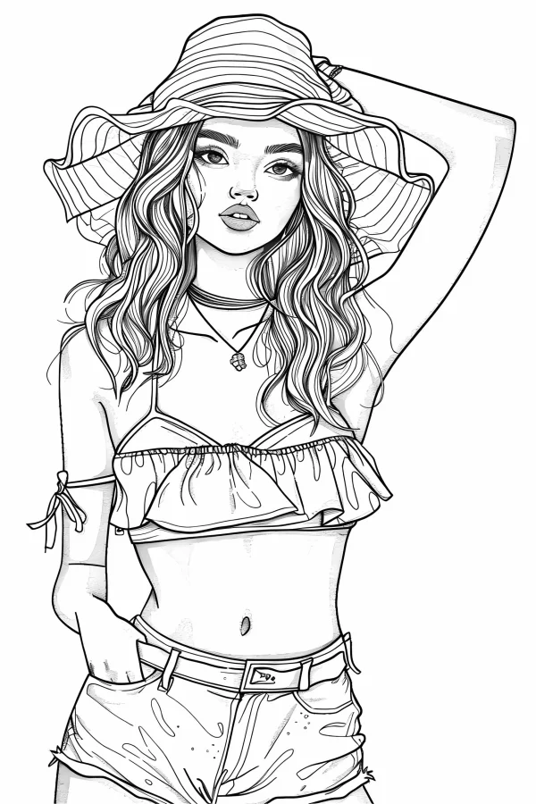 Stylish summer girl with wide-brimmed striped hat, curly hair — free printable summer coloring book page