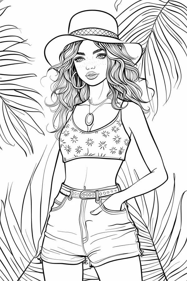 Summer casual girl with wide-brimmed hat, cartoon illustration style — free printable summer coloring book page
