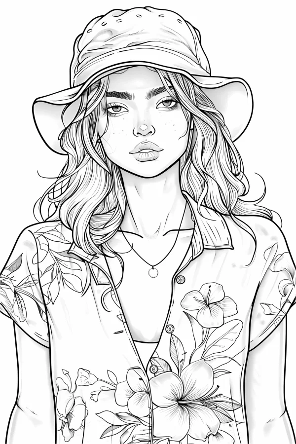Girl wearing bucket hat and floral shirt, curly hair with freckles — free printable summer coloring book page