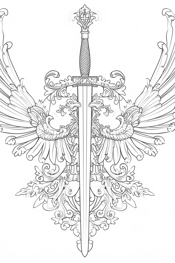 Ornate holy sword with double eagles, baroque style — free printable medieval coloring book page