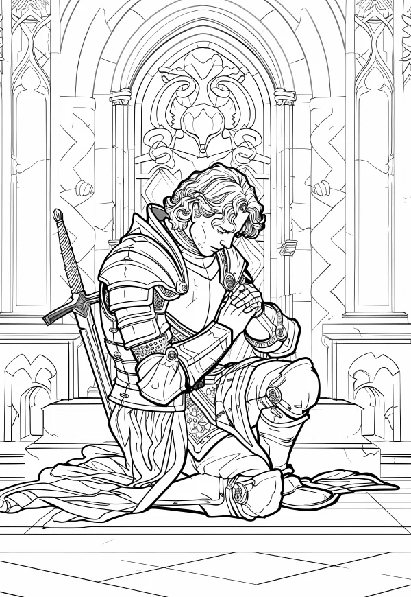 Praying medieval knight in armor, kneeling in front of gothic church archway — free printable medieval coloring book page