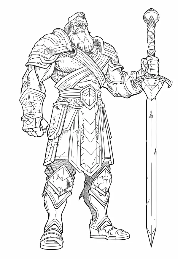 Armored warrior holding a long sword, cartoon style — free printable warrior coloring book page