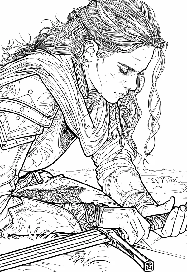Female warrior holding a sword, fantasy realistic style — free printable warrior coloring book page