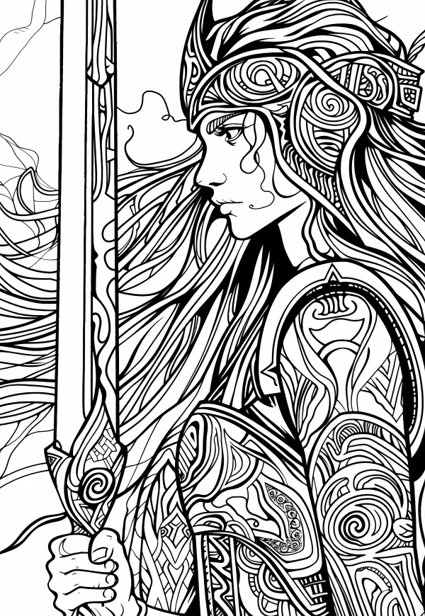 Ornate nordic female warrior holding a sword, nordic celtic style — free printable nordic coloring book page