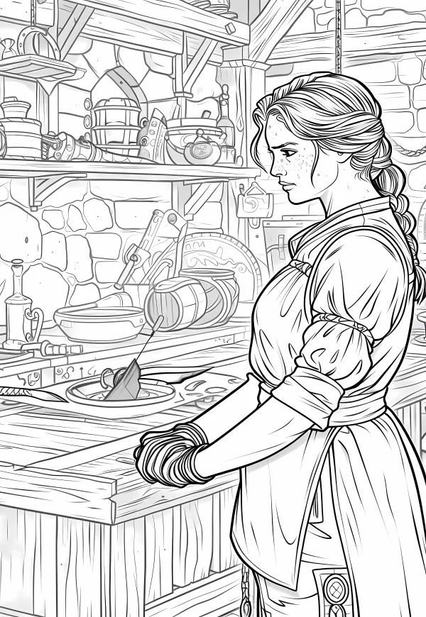 Female artisan in a medieval workshop, medieval fantasy style — free printable work coloring book page