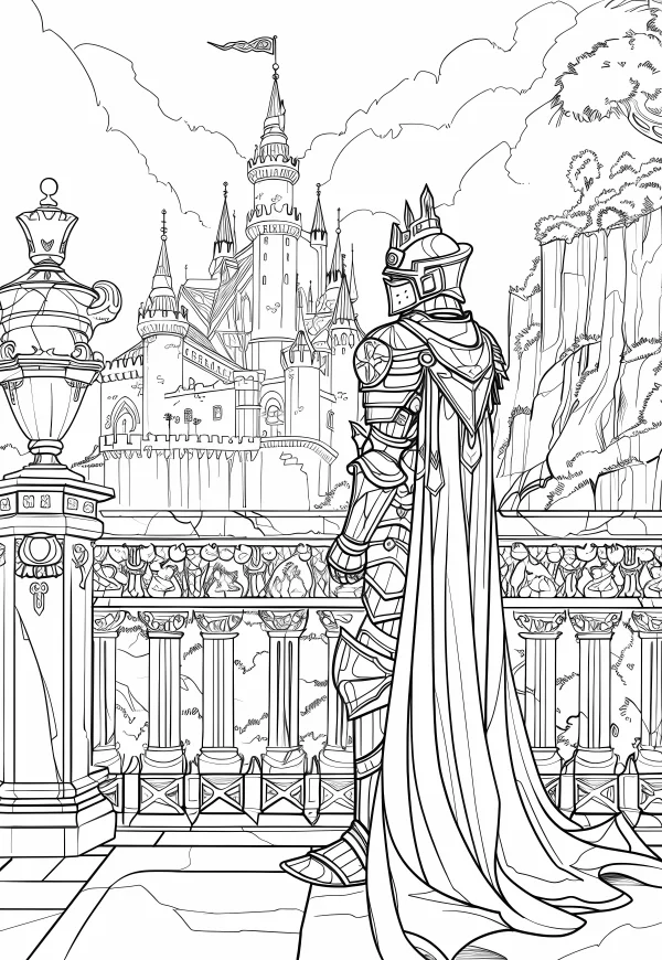 Armored knight with cape standing in front of medieval castle, fantasy medieval style — free printable castle coloring book page