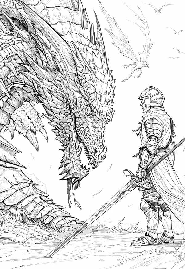 Giant dragon and sword-wielding knight, fantasy style — free printable dragon coloring book page