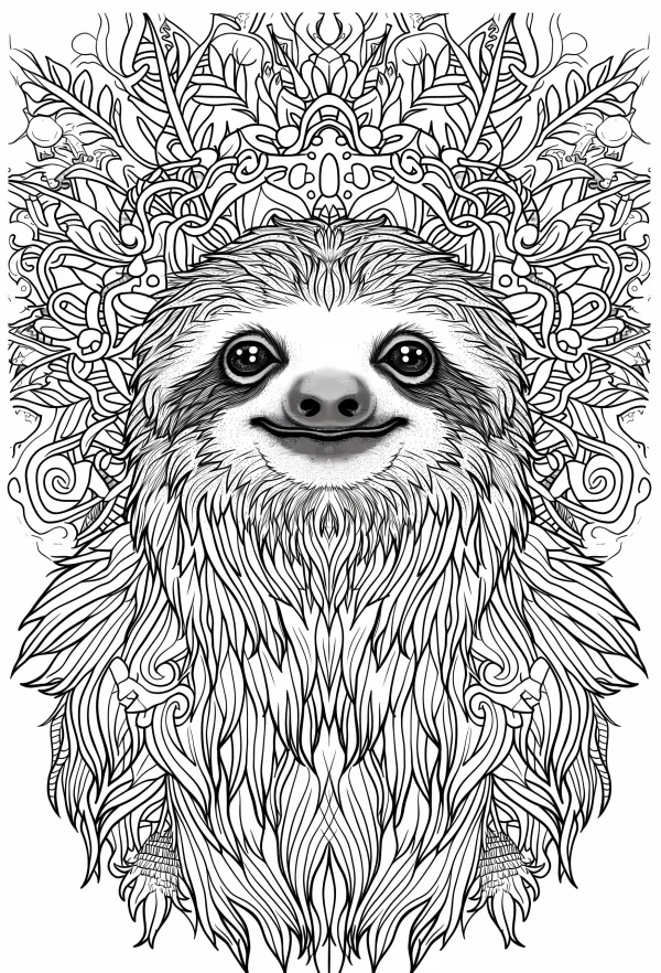 Zentangle-style sloth, intricate symmetrical zentangle patterns with plant leaves and swirl lines — free printable zen doodle coloring book page