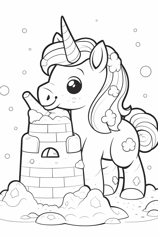 Cute cartoon unicorn with a sandcastle, cartoon style — free printable summer coloring book page