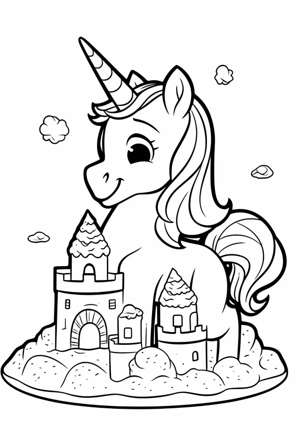 Cute cartoon unicorn with sandcastles on sandy beach, cartoon style — free printable summer coloring book page