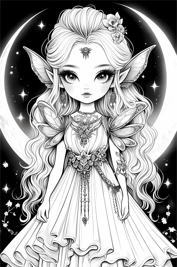 Moon elf girl with long curly hair, cartoon fantasy style — free printable elves coloring book page