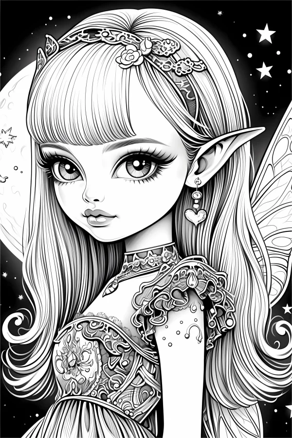 Gorgeous elf girl with long curly hair and pointed ears, cartoon fantasy style — free printable elves coloring book page