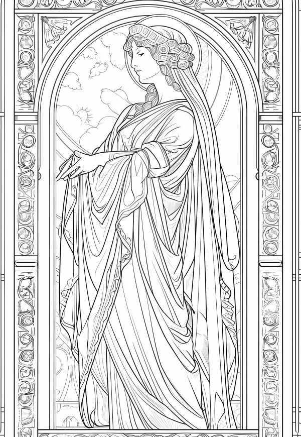 Classical robed goddess in arched decorative frame, art nouveau style — free printable greek culture coloring book page