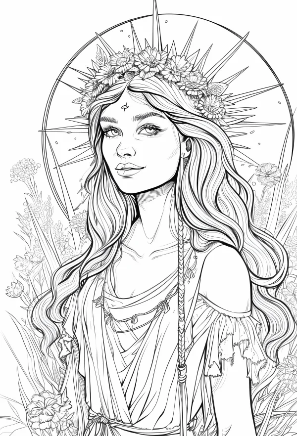 Elf girl with flower crown and halo, surrounded by flowers and plants — free printable elves coloring book page