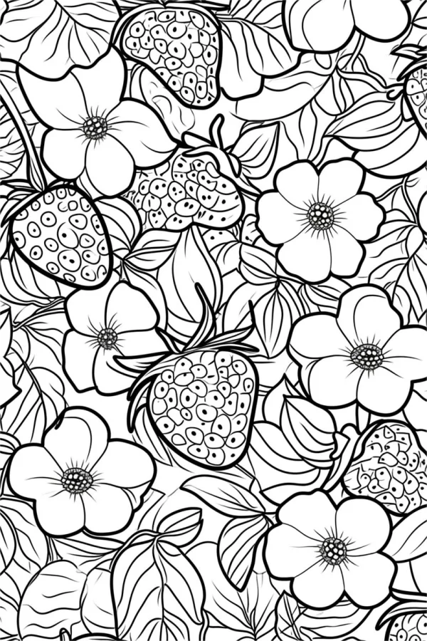 Coloring book page, strawberries with flowers and leaves — free printable fruit coloring book page