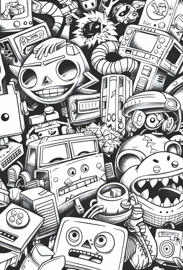 Group of anthropomorphic robots and cartoon machines, cartoon sci-fi style — free printable robot coloring book page