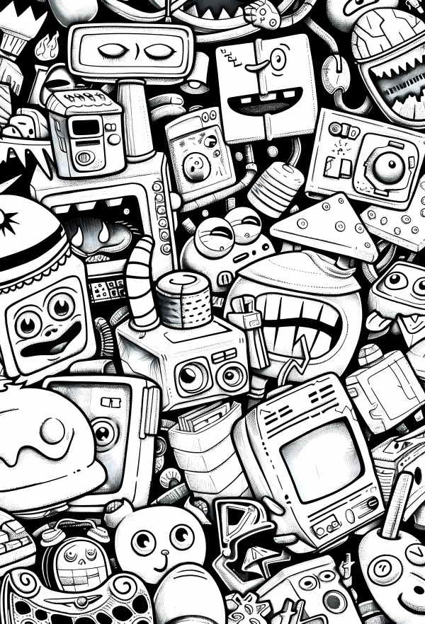 Cluster of playful cartoon robots, doodle cartoon style — free printable robot coloring book page