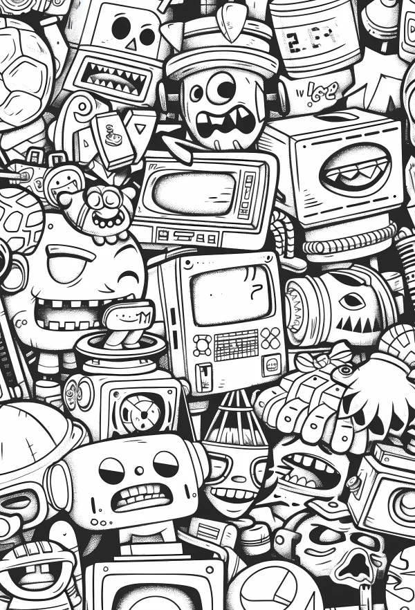 Dense cluster of cartoon robots, including retro tv-shaped robots — free printable childlike coloring book page