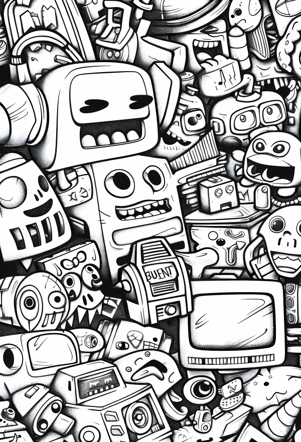Dense collection of cartoon robots, graffiti cartoon style — free printable robot coloring book page