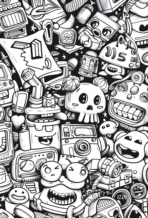 Cluster of cute cartoon robots and sci-fi gadgets, graffiti cartoon style — free printable robot coloring book page