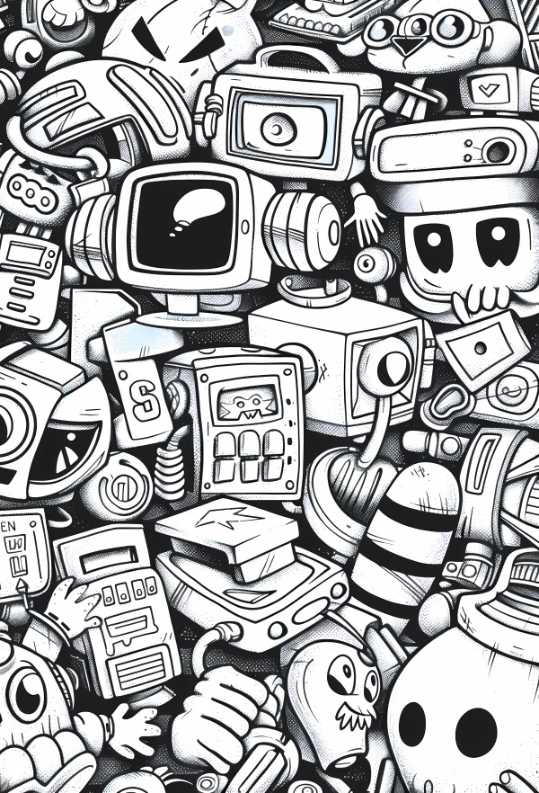 Cluster of cartoon robots, doodle cartoon style — free printable robot coloring book page