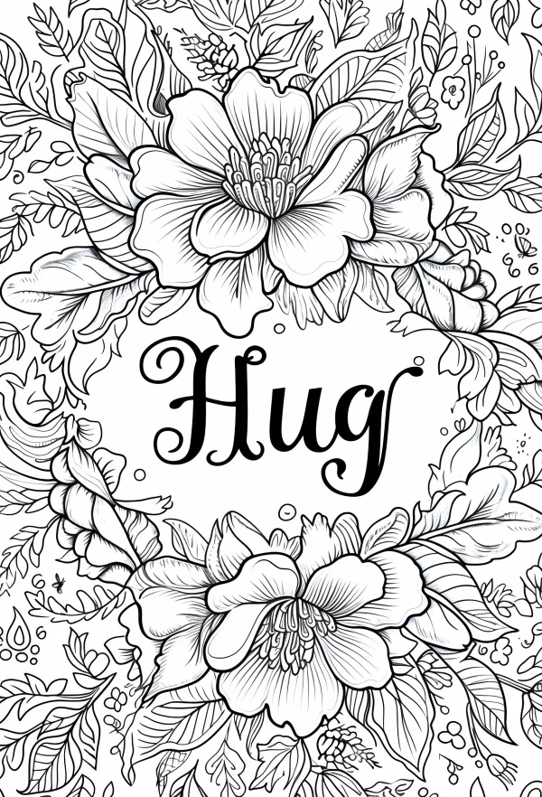 Coloring book page, art word 'hug' surrounded by various flowers — free printable warmth coloring book page