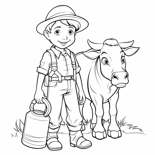 A boy farmer in overalls and wide-brimmed hat holding a milk can standing beside a cow, cartoon style — free printable farm life coloring book page
