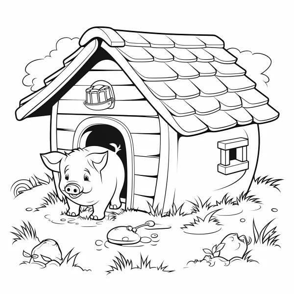 Cute pig standing in front of wooden pig house, cartoon style — free printable farm life coloring book page