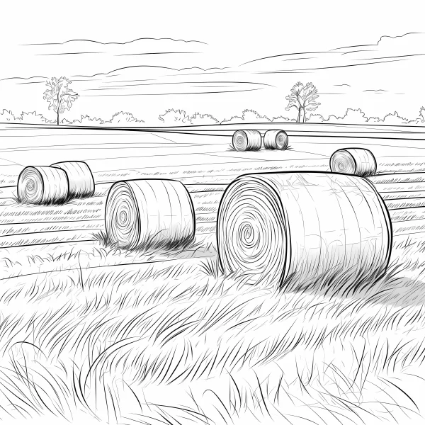 Hay bales in rural field, sketch style — free printable pastoral coloring book page