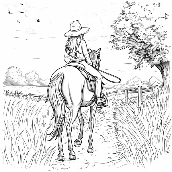Girl riding a horse from behind, realistic illustration style — free printable mammals coloring book page
