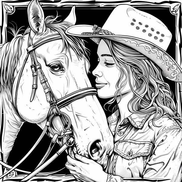 Intimate moment between cowgirl and horse, realistic sketch style — free printable western cowboy coloring book page
