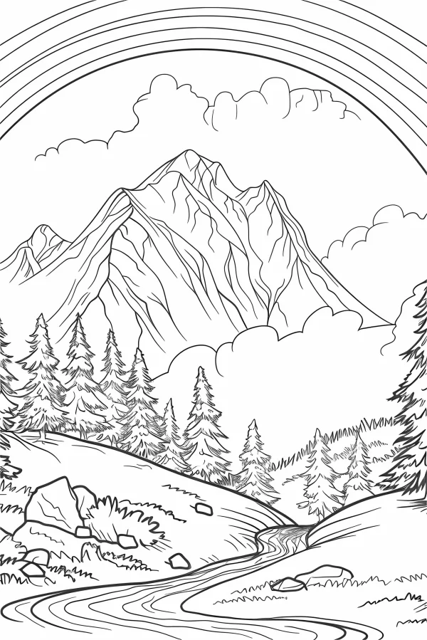 Mountain forest river landscape, realistic line art style — free printable mountains and rivers coloring book page