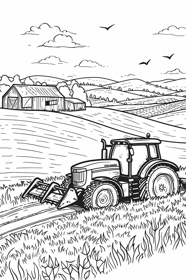 Farm tractor with tiller attachment, realistic line art style — free printable farm coloring book page