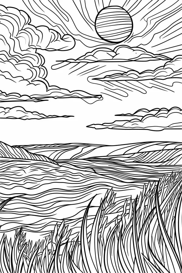 Grassy prairie landscape with distant hills, sky with stylized clouds and sun — free printable grassland coloring book page