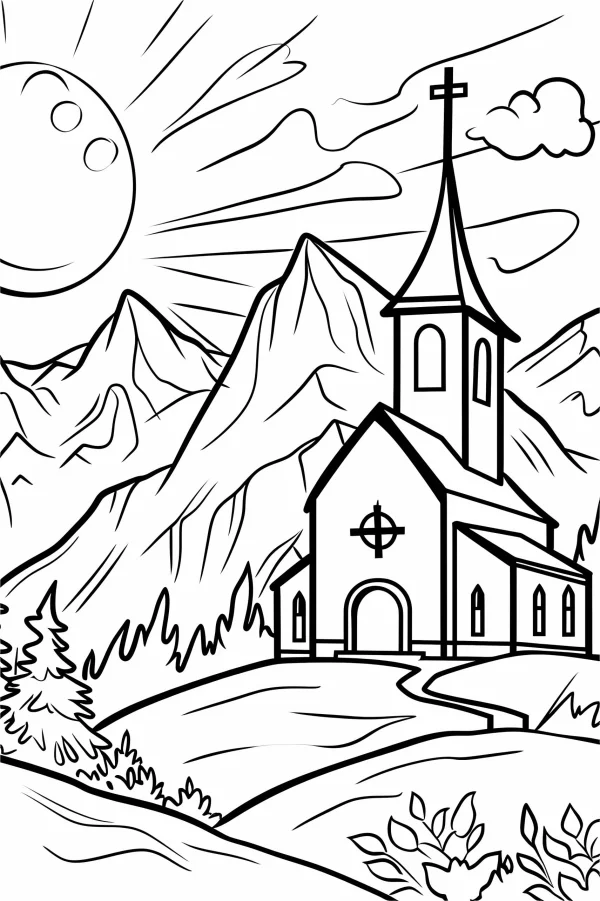 Mountain church with cross, sketch style — free printable religious architecture coloring book page