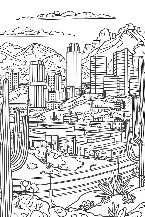 Desert mountain cityscape with skyscrapers and low-rise buildings, realistic line art style — free printable desert coloring book page