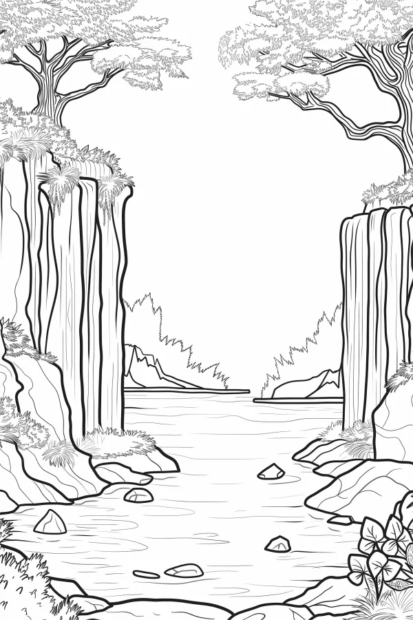 Forest river valley landscape with cliffs and trees, realistic line art style — free printable river coloring book page